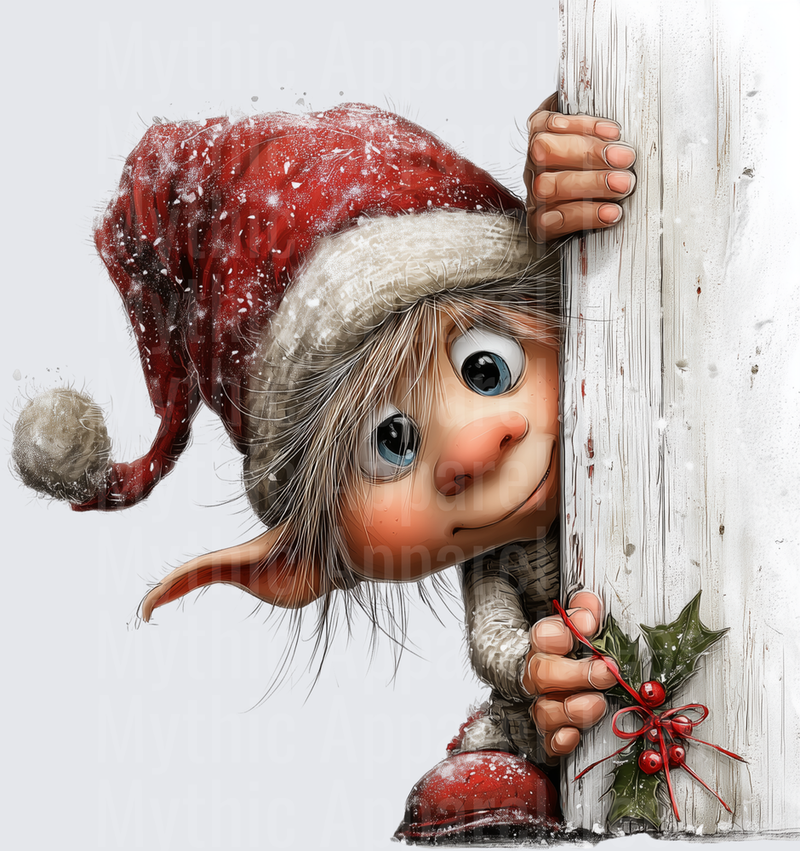 Mischievous Christmas Gnome Elf Peeking Around Snowy Wooden Post Holding Holly Berry Sprig