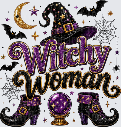 Halloween Witchy Woman Purple Glitter Witch Hat Boots Crystal Ball Bats Moon Spider Web Stars Design