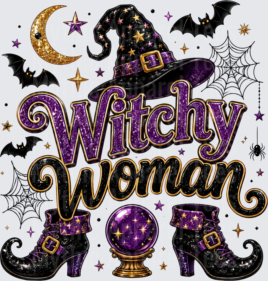 Halloween Witchy Woman Purple Glitter Witch Hat Boots Crystal Ball Bats Moon Spider Web Stars Design