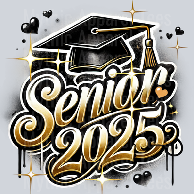 0011 Airbrushed Senior 2025 Black and Gold DTF 2025 Senior Graduation Transfers