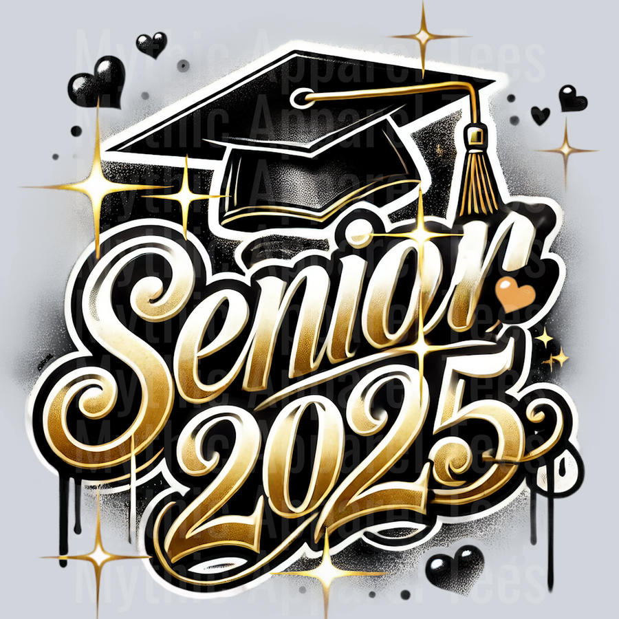 0011 Airbrushed Senior 2025 Black and Gold DTF 2025 Senior Graduation Transfers