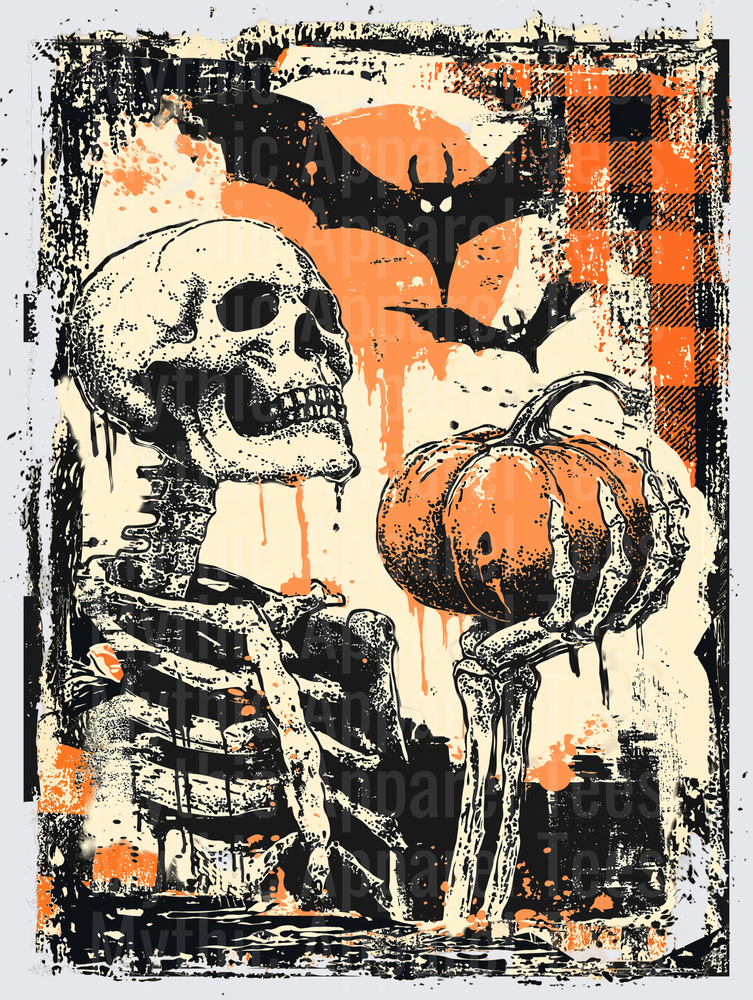 Distressed Halloween Skeleton Holding Pumpkin with Bats and Orange Moon on Buffalo Plaid Grunge Background