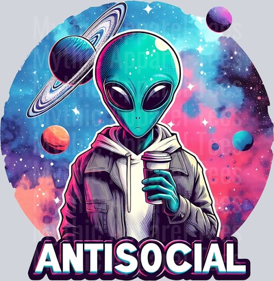 Antisocial hipster alien with coffee DTF Alien Transfers