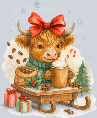 Highland Cow Christmas Coffee Cocoa Sled Cute Watercolor Tank Top