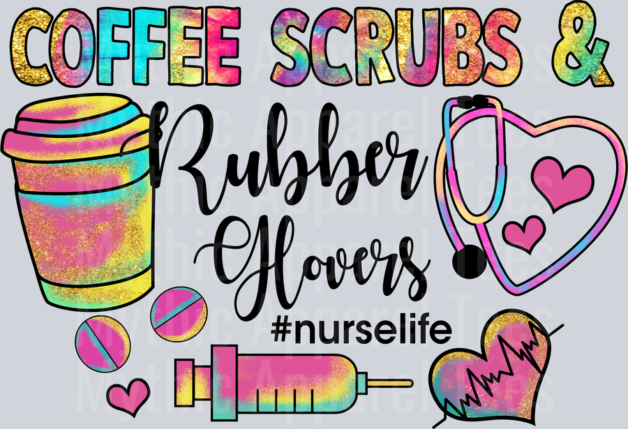 Coffee Scrubs Rubber Gloves gradient colors DTF Nurse Transfers