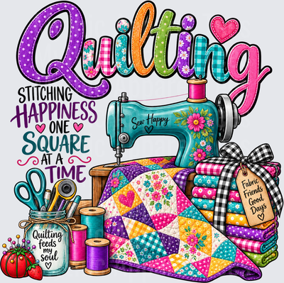 Quilting Stitching Happiness One Square At A Time Teal Sewing Machine Colorful Patchwork Quilt Thread Spools Fabric Stack