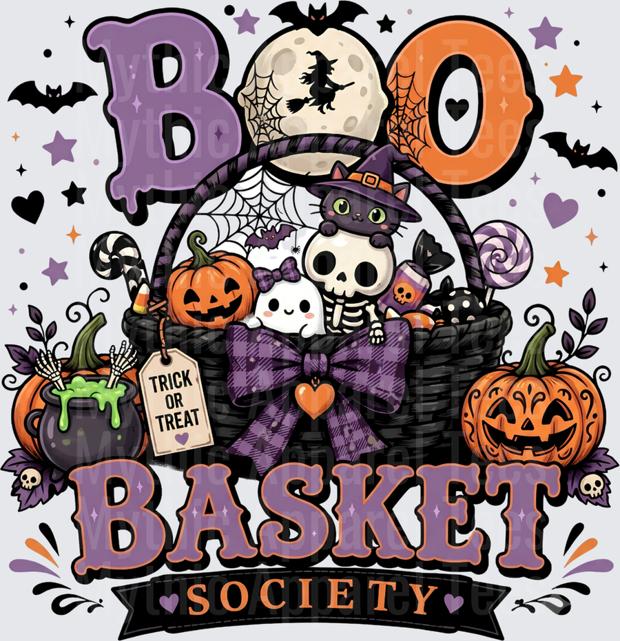 Boo Basket Society Halloween Trick or Treat Basket with Cute Black Cat Witch Ghost Skeleton Jack-O-Lanterns Cauldron Candy and Bats