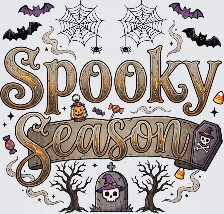 Spooky Season Halloween Typography with Bats Spider Webs Gravestones Jack-o-Lantern Candy Corn and Bare Trees