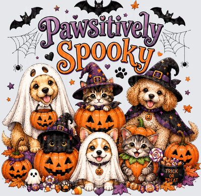 Pawsitively Spooky Halloween Cute Dogs and Cats in Ghost Costumes Witch Hats Jack-o-Lanterns Trick or Treat Bats Spider Webs