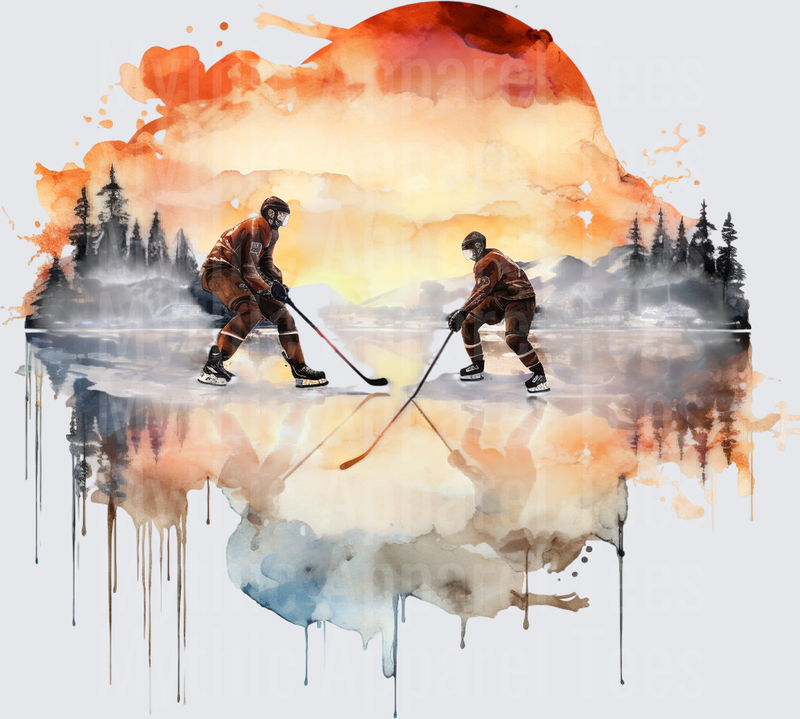 Ice Hockey Players Face-Off Watercolor Sunset Wilderness