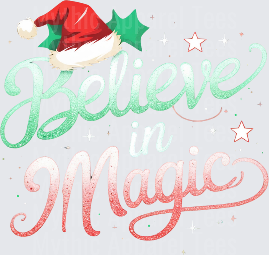 Christmas Believe in Magic Glitter Script Santa Hat Holly