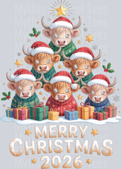 Merry Christmas 2026 Highland Cow Tree Funny Cute Holiday Long Sleeve T-Shirt