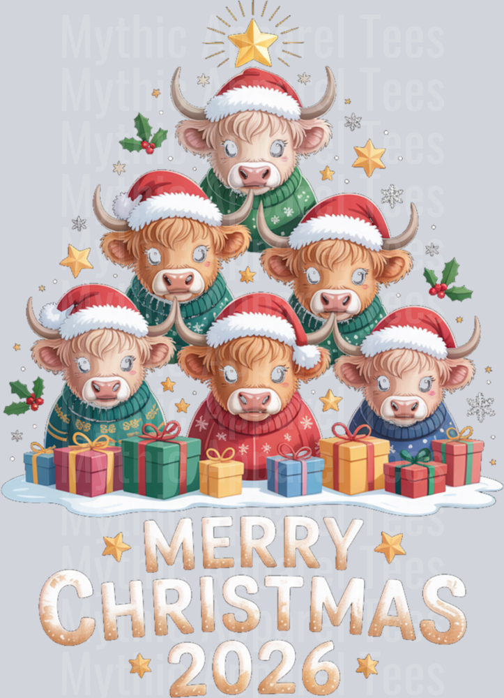 Merry Christmas 2026 Highland Cow Tree Funny Cute Holiday Long Sleeve T-Shirt