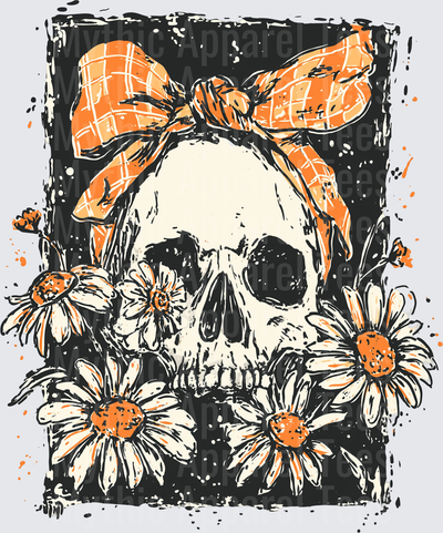 Distressed Halloween Skull with Orange Plaid Bow and Daisy Flowers Grunge Dark Background