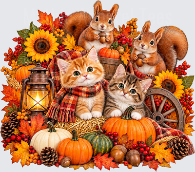 Animals Cozy Fall Kittens and Squirrels with Pumpkins Sunflowers and Harvest Lantern Autumn Scene