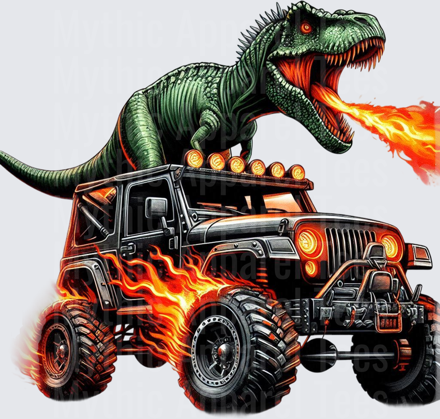 Fire Breathing T-Rex Riding Flaming Off-Road 4x4 Jeep
