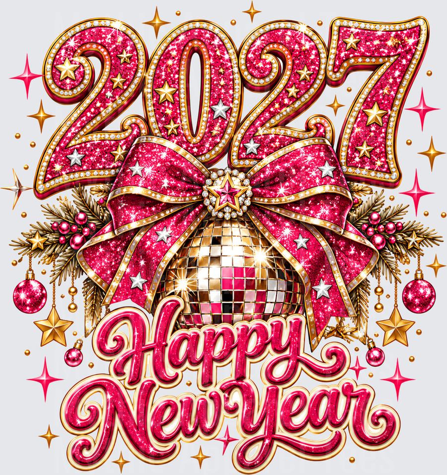 2027 Happy New Year Pink Glitter Gold Disco Ball Bow Stars Festive Celebration Design