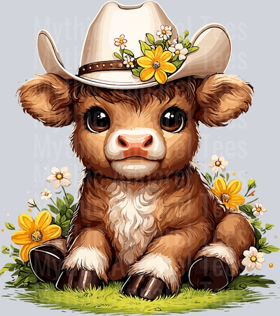 Western cow with yellow and green in cowboy hat DTF Highland Cow Transfers