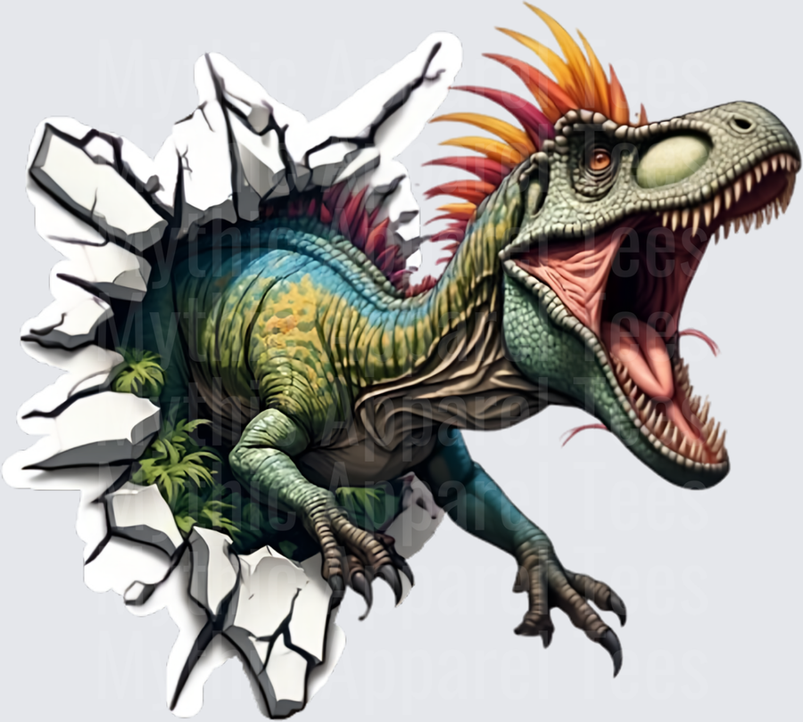 Colorful Crested Dinosaur Bursting Through Cracked Wall with Rainbow Mohawk Spines Roaring