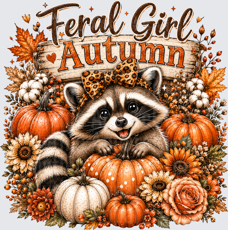 Feral Girl Autumn Cute Raccoon with Leopard Print Bow Surrounded by Pumpkins Sunflowers and Fall Florals