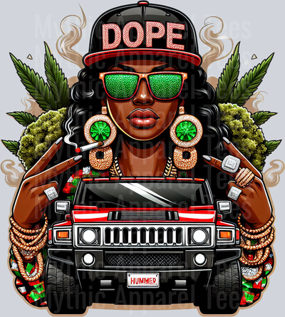 Dope Girl with Hummer floral colors weed plant DTF Weed Transfers