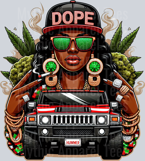 Dope Girl with Hummer floral colors weed plant DTF Weed Transfers