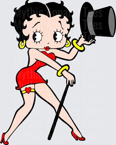 Betty Boop Showgirl Red Dress Top Hat Cane Yellow Hoop Earrings Classic Cartoon