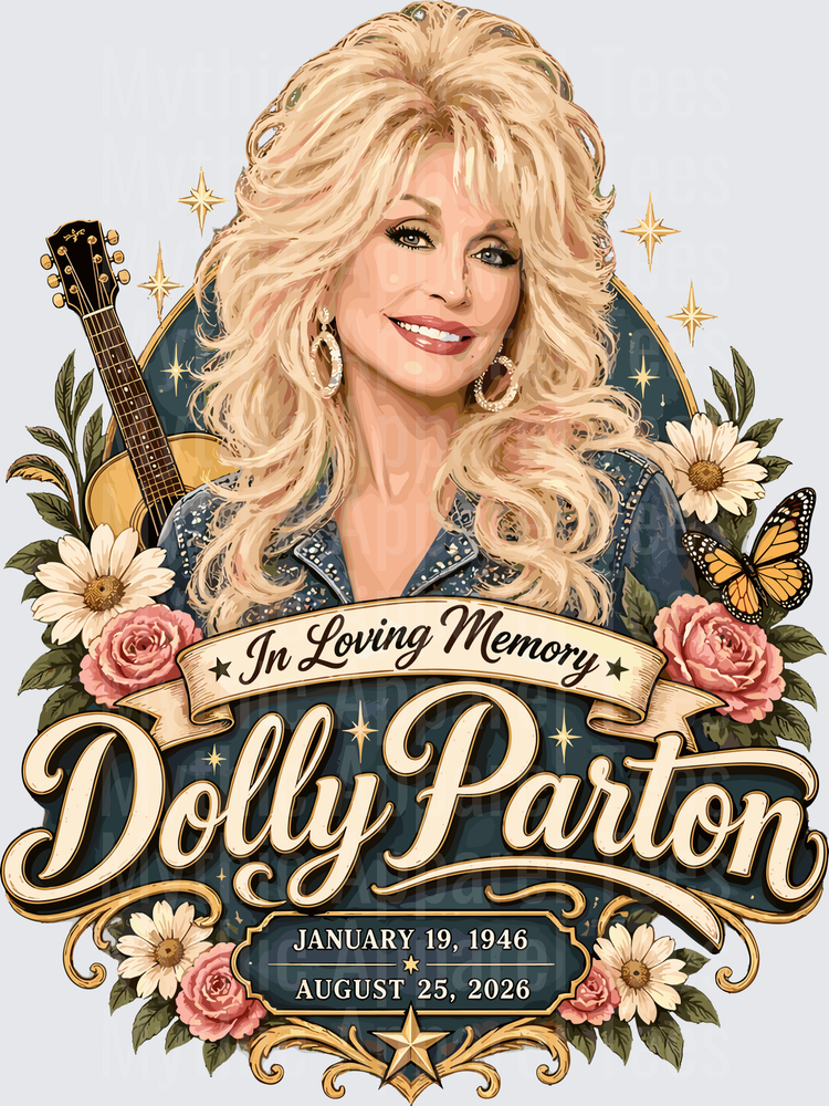 In Loving Memory Dolly Parton January 19 1946 August 25 2026 Floral Memorial Portrait with Guitar and Butterfly Dolly Parton Tribute Design
