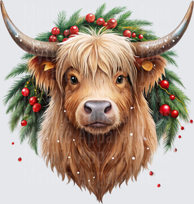 Highland Christmas Cow with Holly Berries and Pine Wreath