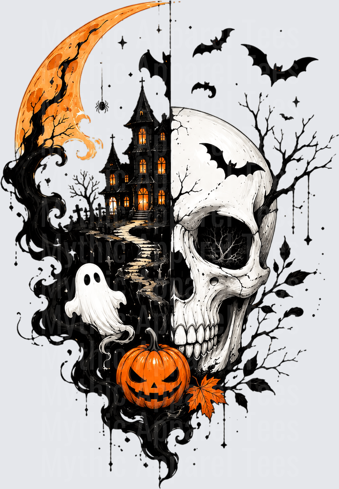 Halloween Split Skull Haunted House Ghost Pumpkin Bats Moon