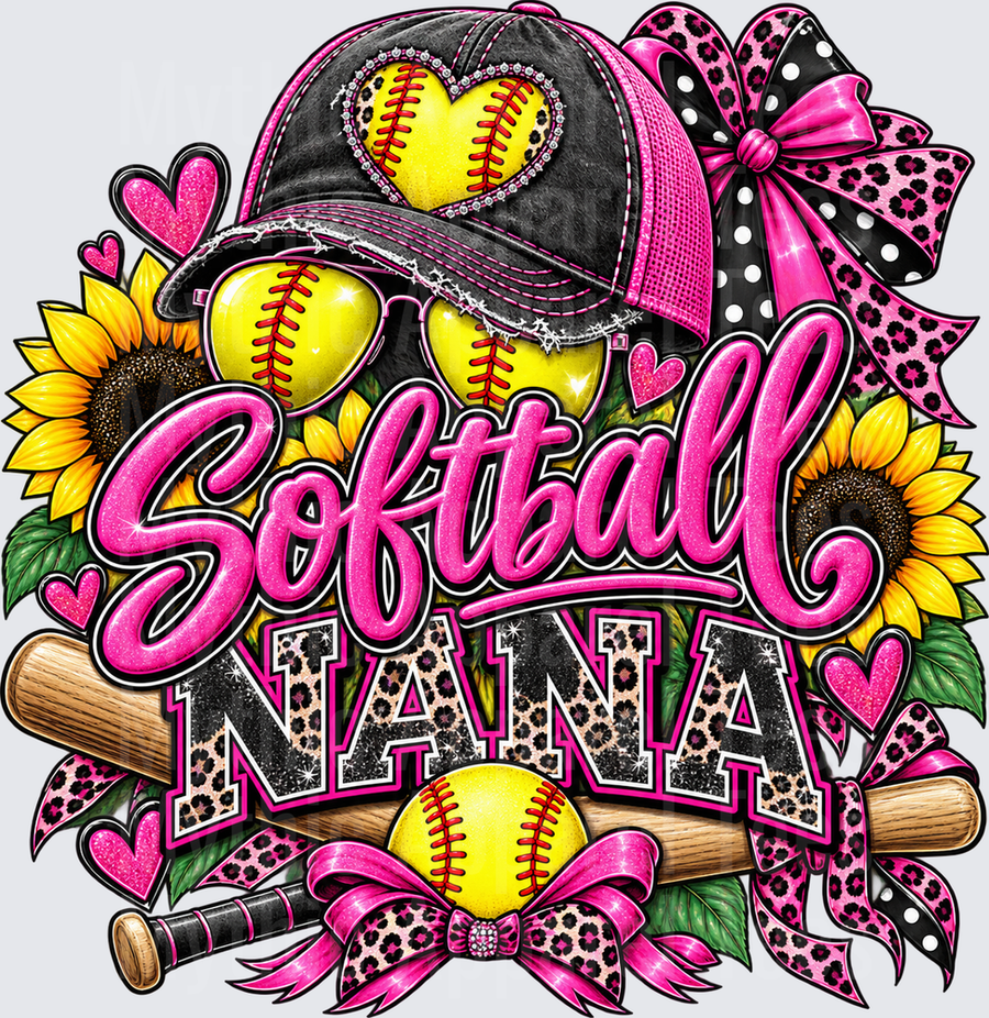 Softball Nana Leopard Print Glitter Pink Distressed Hat Sunflowers Crossed Bats Bows Heart Softballs Design