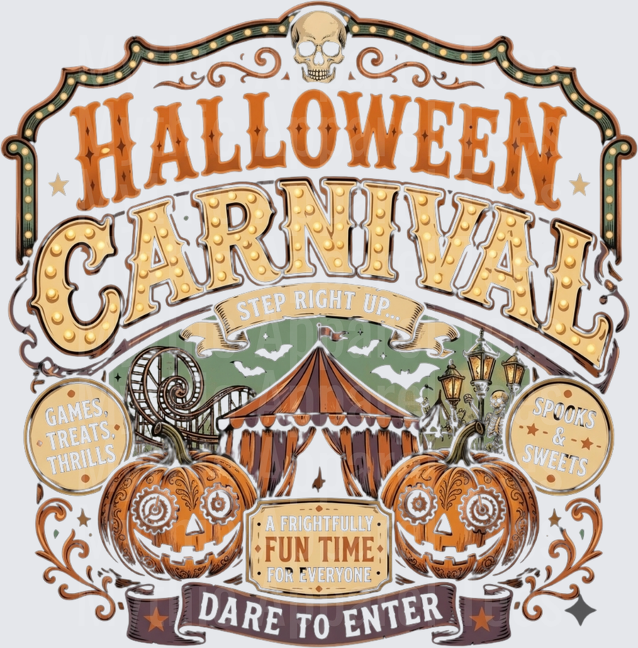 Halloween Carnival Dare to Enter Vintage Marquee Sign with Jack-O-Lanterns Bats and Spooky Big Top Tent