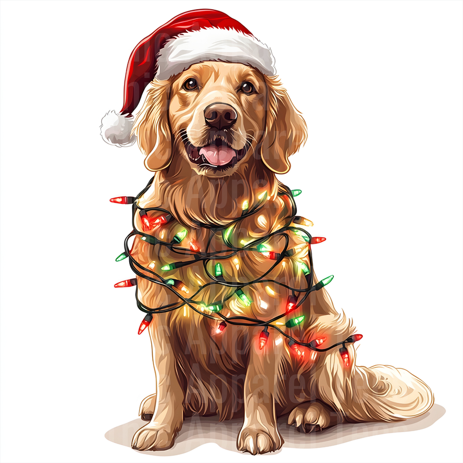 Happy Golden Retriever Wrapped in Colorful Christmas Lights Wearing Santa Hat