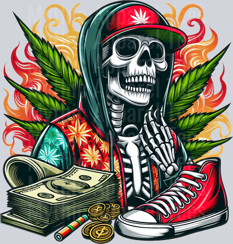 Skeleton with shoe and cash Rasta Colors floral colors weed plant DTF Weed Transfers