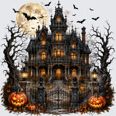 Gothic Victorian Haunted Mansion Full Moon Bats Jack-o-Lanterns Spooky Halloween Night