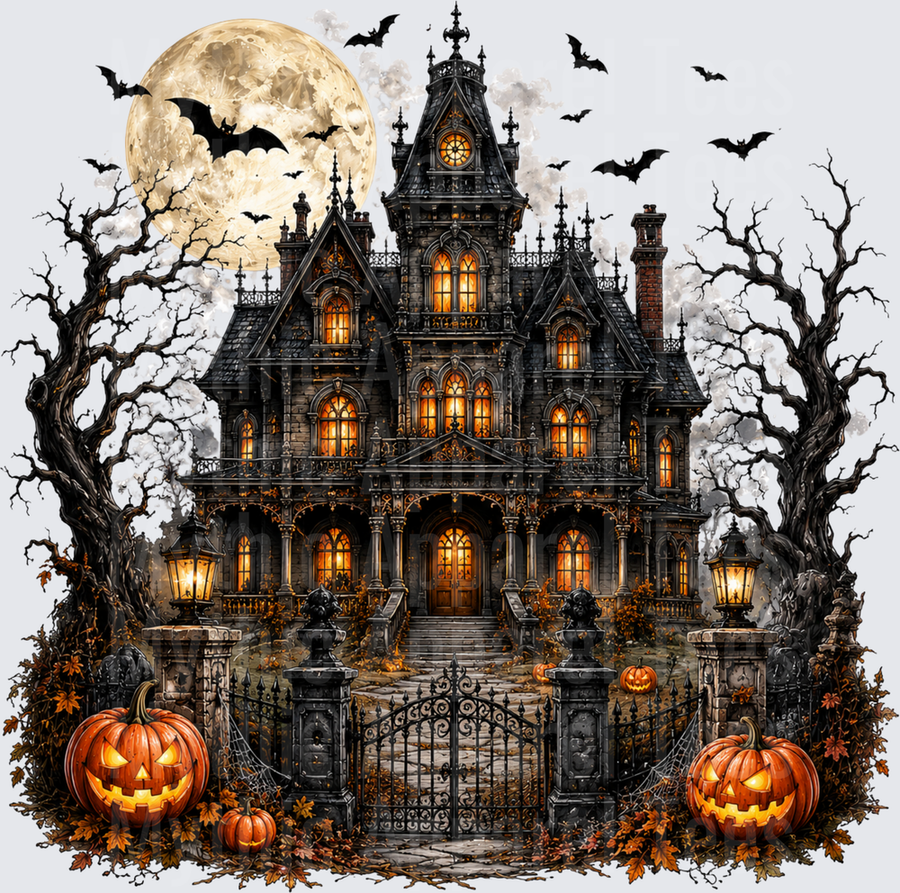 Gothic Victorian Haunted Mansion Full Moon Bats Jack-o-Lanterns Spooky Halloween Night