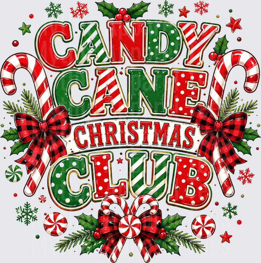 Candy Cane Christmas Club Holiday Design with Buffalo Plaid Bows Holly Berries and Peppermint Swirls