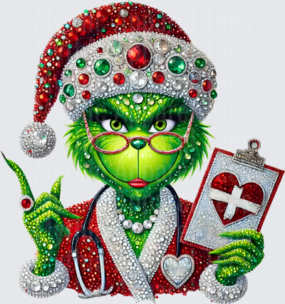Christmas Bling Grinch Nurse with Santa Hat Stethoscope and Medical Clipboard Rhinestone Jewel Design