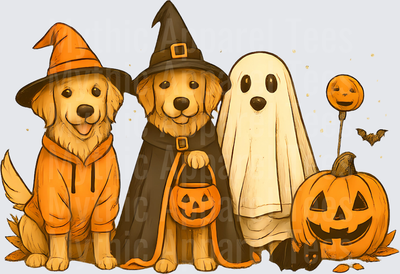 Three Golden Retrievers in Halloween Costumes Witch Ghost and Pumpkin with Jack-o-Lanterns