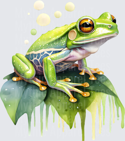 Vibrant Watercolor Tree Frog Perched on Tropical Leaves with Paint Drip Effect and Floating Bubbles