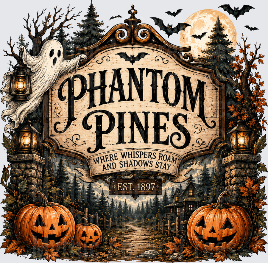 Phantom Pines Est. 1897 Vintage Halloween Sign with Ghost Jack-O-Lanterns Bats and Full Moon Spooky Forest Gate