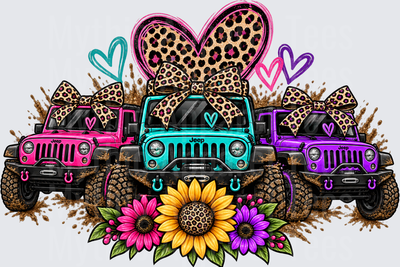Jeeps Pink Teal Purple Mud Splatter Trio with Leopard Print Bows Hearts and Sunflowers