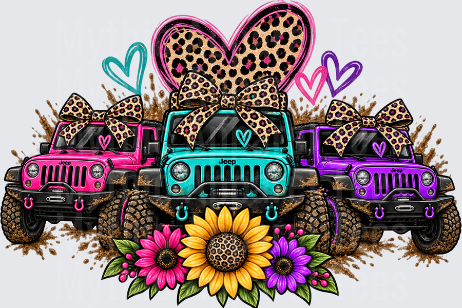 Jeeps Pink Teal Purple Mud Splatter Trio with Leopard Print Bows Hearts and Sunflowers