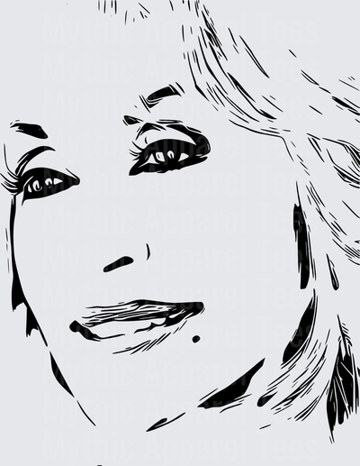 Black and White Ink Sketch Portrait of Dolly Parton with Flowing Blonde Hair
