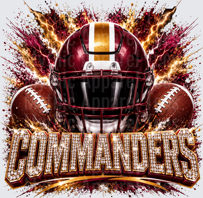 Rhinestone Style NFL Washington Commanders Burgundy Gold Helmet Lightning Explosion Bling Letter Design