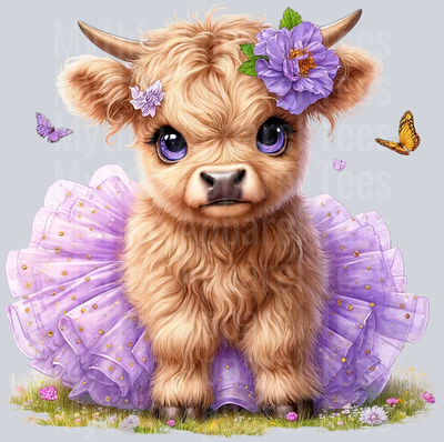 Cute Highland Cow Baby Purple With Butterfly and tutu DTF Precious Highland Cow Transfers