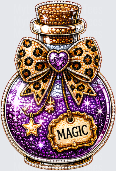 Halloween Bling Glittery Purple Magic Potion Bottle with Leopard Print Bow and Purple Heart Gem