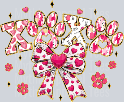 XOXO Paw Prints with Heart Bow Dog Cat DTF Valentines Day Transfers