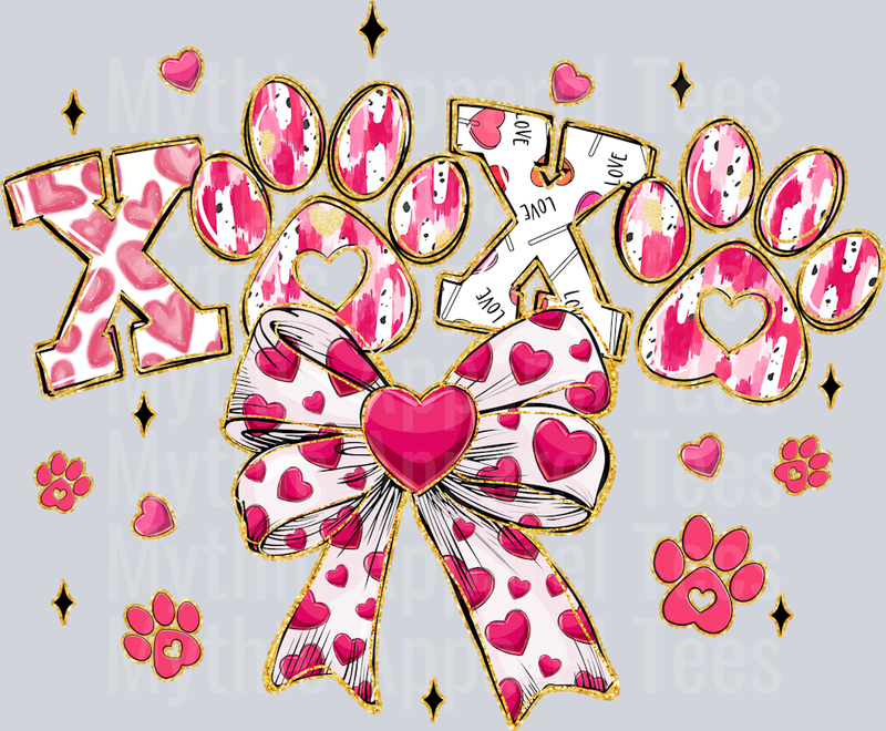 XOXO Paw Prints with Heart Bow Dog Cat DTF Valentines Day Transfers