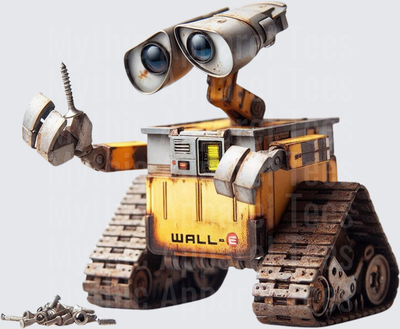 WALL-E Robot Holding Screw with Tank Treads and Scattered Screws on Ground